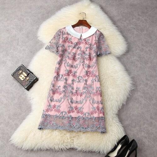 European and American womens wear for summer 2021 Short-sleeved baby collar Fashion embroidered pink plus-size dress