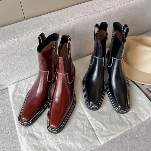 Leather Chunky Heels Womens Boots Med Heel Square Toe Knight Boots Zipper Mixed Colors Botas White Suture Boots for Women Retro