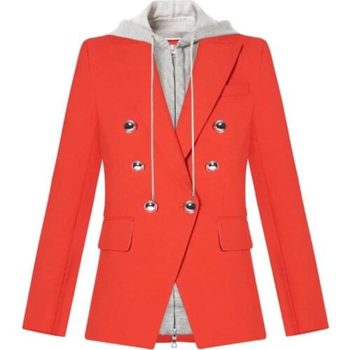 HIgh quality fake two pieces hooded blazer double breasted blazer female long sleeve metal buttons outwear wq1423 dropship