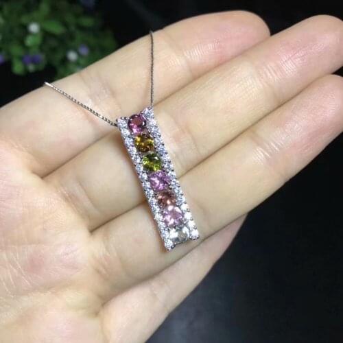 Natural multicolor tourmaline pendant S925 silver Natural gemstone Pendant Necklace trendy Slender row women girl party jewelry