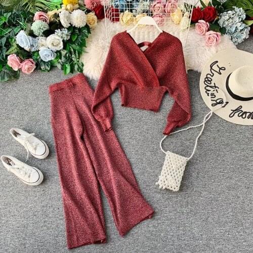 Women 2020 Spring Autumn Fashion Knitted Two Piece Set Female V Neck Backless Sweater Top And Wide Leg Pants Suits Outfits L479