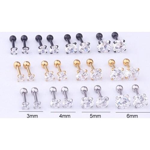 3 4 5 6mm Black Gold Silver Square Crystal CZ Stainless Steel Curved Bar Cartilage Helix Stud Earring Piercing Body Jewelry Gift