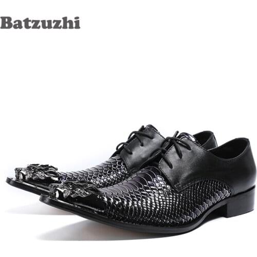 Batzuzhi Luxury Men Dress Shoes Black Genuine Leather Men Shoes Iron Pointed Toe Fish Scales Leather Business Shoes Sepatu Pria