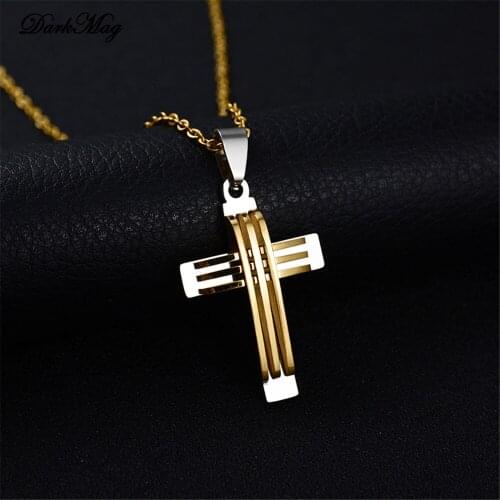DarkMag Mens Cross Pendant Jesus Piece Necklace Gold Color 316L Stainless Steel Christian Jewelry With Cuban Chain Gifts