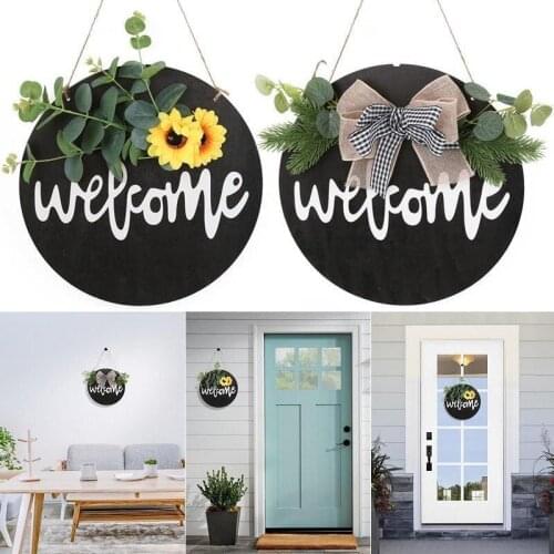 Welcome Door Sign Sunflower Bow Front Door Wreath Decor Wooden Pendant Ornaments Decorative Items for Home Bar Cafe