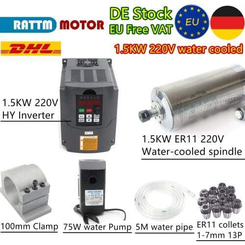 【EU Delivery】1.5kw ER11 Water Cooled Spindle Motor & 1.5kw VFD & 80mm Clamp & 75W Pump/Pipe & ER11 collet (1-7mm) for CNC Router