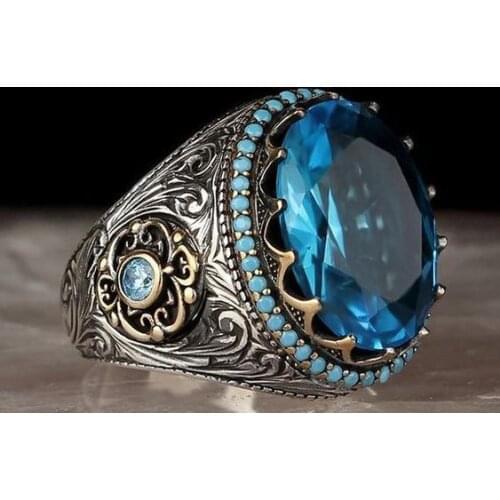 Classic Fashion New Hot Sale Inlaid Sea Blue Zircon Ring Men and Women Fashion Retro Ring Gift