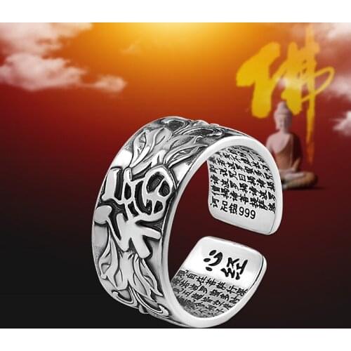 BOCAI New 100% Pure s999 pure silver jewelry Man and Woman rings buddha blessing heart sutra ring