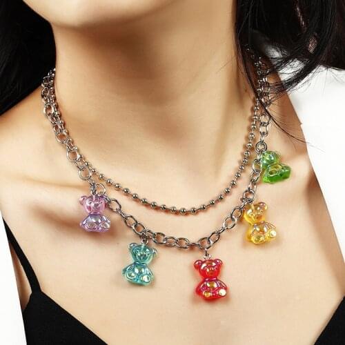 Candy Color Gummy Cartoon Bear Necklaces Multi layer Beads Stars Chain Necklaces for Women Girl Pendant Necklace Jewelry Gifts