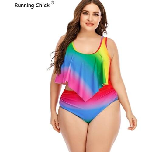 2021 Rainbow Print Split Gradient Color Large Size Lotus Leaf Side Swimsuit Girl, Swimming Suit for Women