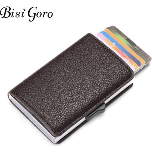 BISI GORO 2019 RFID Wallet Metal Business Blocking Card Holder Aluminum High Quality Soft Leather Slim Card Case Dropshipping