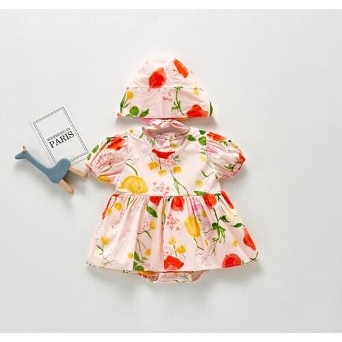 Summer New Fashion Short Sleeve Baby Girls Dress Cute Flower Printed Infant Bodysuit Dress+Hat Set Baby Clothing Set Baby Outfit
