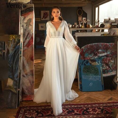 Verngo Boho Wedding Dress Long Sleeve Lace Chiffon Beach Bridal Gowns 2021 Elegant V Neck Wedding Party Dress Vestido De Novia