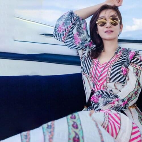 Vintage Printed Boho Dress Women V-Neck Long Sleeve Beach Long Midi Dress Tassel Party Dress Loose Chiffon Lace Up C893