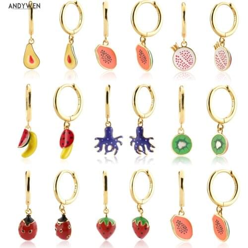 ANDYWEN 925 Sterling Silver New Aros Papaya Fruits Dangle Charm Drop Earring Aros Papaya Aros Papaya Circle Loops Piercing Clips