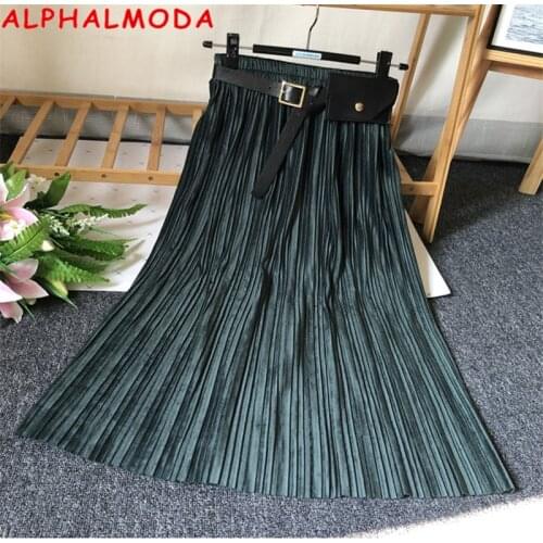 ALPHALMODA 2020 Popular Card Bag Belted Pleated Skirt Spring New High Waist Mid-calf Velvet Fashion Skirt
