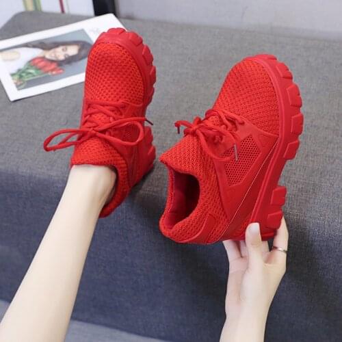 Woman Ulzzang Fashion Platform Sneakers Wedge Shoes For Women 9.5cm Height Increasing Ladies Walking Lace Up Casual Shoes red