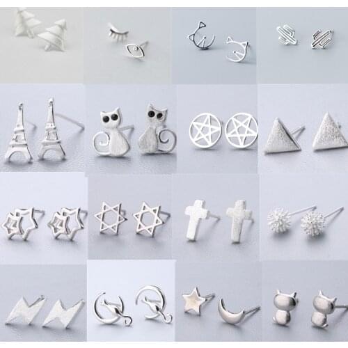 925 Sterling Silver Piercing Cross Cat Star Heart Tree Shape Stud Earrings For Women Party Jewelry Brincos pendientes
