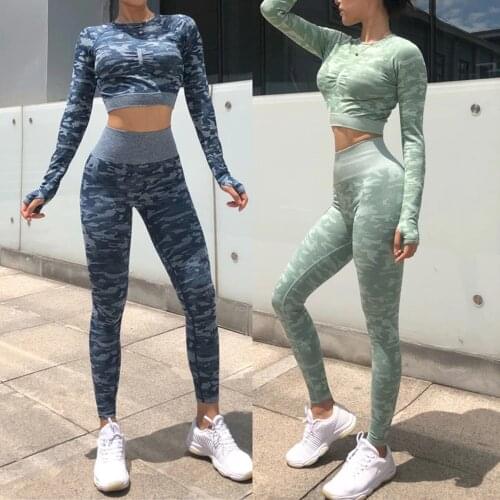 Seamless Yoga Set Fitness Women 2pcs Sports Suits High Waist Push Up Leggings Sports Long Sleeve Top Gym Activewear Pants 2021