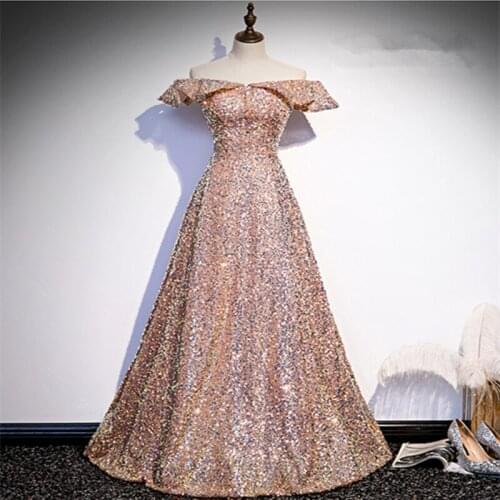 Vestido De Festa Boat Neck Evening Dress Robe De Soiree 2021 New Fashion A-line Champagne Gold Evening Dresses Long Formal Dress