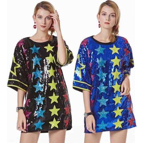 Summer Vintage Casual Straight Half Sleeve O-neck Star Embroidery High Street Black Red Blue Silver Club Sequin Women Dress 9954