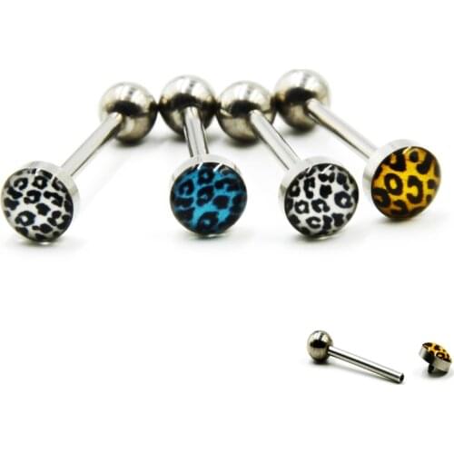 1Pc Screw Fit Internally Thread Leopard Logo Tongue Barbell Ring Studs Bars Piercing Body Jewelry 14g