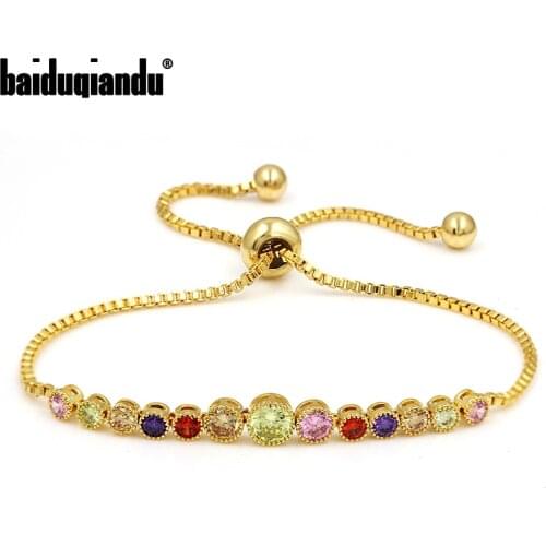 Baiduqiandu New Arrival Rainbow Color Round Cut Cubic Zirconia CZ Crystal Adjustable Bracelets in assorted colors