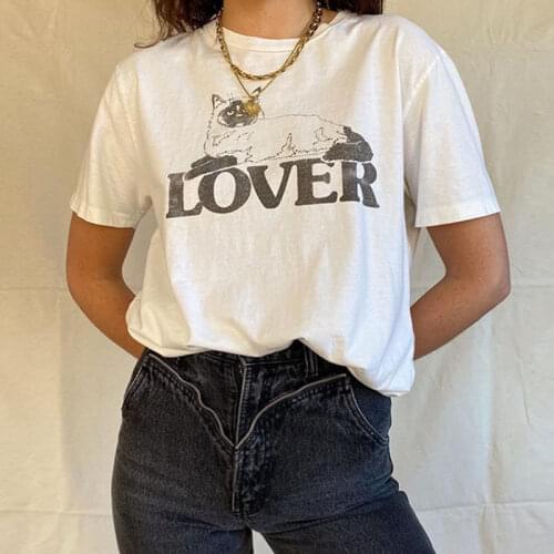 Calelinka America Vintage Cat Lover Women Ins Tshirt White Cotton Printed 80s 90s Cute Tees Loose Round Neck Short Sleeve Tops