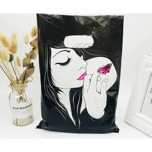 Black White Girl Butterfly Plastic Shopping Bags With Handle Wedding Plastic Jewelry Gift Packaging Clothes Handle Bags 25x35cm
