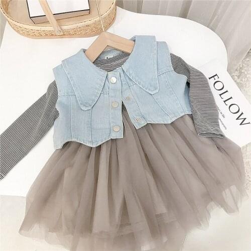 Kids dresses for girls autumn dress Casual Denim Vest jacket Long sleeve Striped mesh dress 2pcs Toddler Baby girl outfit