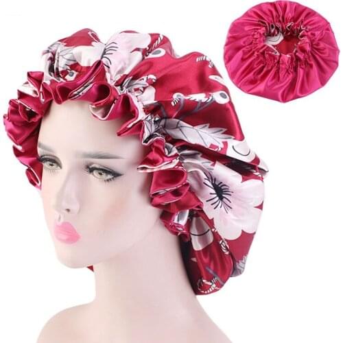 Women Print Satin Bonnet Double-Sided Reversible Stain Silky Big Turban for Lady Sleep Cap Headwrap Hat Hair Wrap Accessories