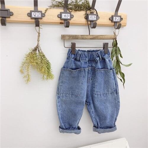 1 2 3 4 5 Years Toddler Girls Jeans Casual Korean Loose Denim Pants Spring Autumn Trousers Fashion Big Pocket Baby Girls Pants