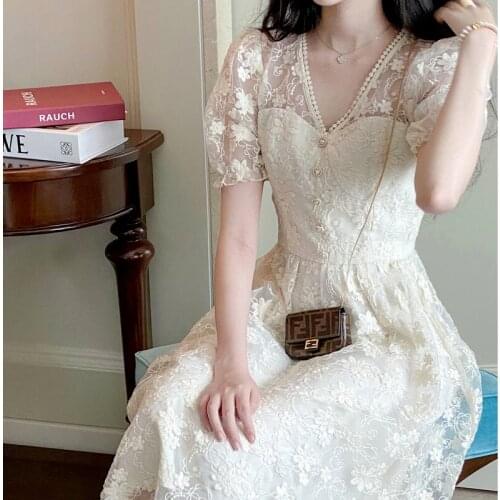 Elegant Vintage Lace Floral Dress Women Korean Sweet Princess Slim Sexy Fairy Dress Kawaii Chic Party Midi Dress Summer 2021