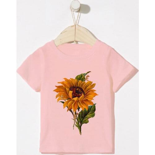 New Cartoon T Shirt Girl O-neck Sunflower Love Leopard Printing Boys Tshirts Summer Pink White Girls Tshirt Kid Clothes Children