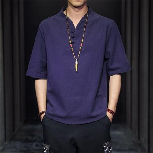Summer Chinese Style Solid Color Thin Style Coil Buckle Linen Short Sleeve T-shirt Mens Cotton Linen Medium Sleeve Clothes
