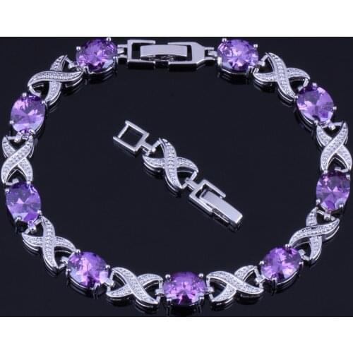 Charismatic Oval Egg Purple Cubic Zirconia Silver Plated Link Chain Bracelet 20cm 22cm V0052