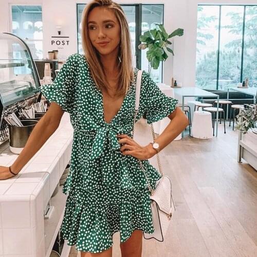 Foridol Floral Print Dot Summer Dress Women Bowknot Ruffle Short Beach Dress Deep V Neck Green Boho Dress Vestidos 2020