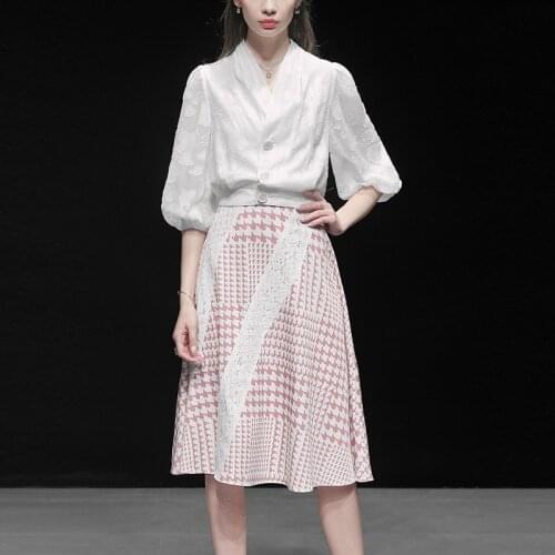 Little Fragrant Fashion Elegant Two-piece White Shirt Jacket Long Skirt Skirt Suit Lady Pink Plaid Skirt 2020 Spring New Style