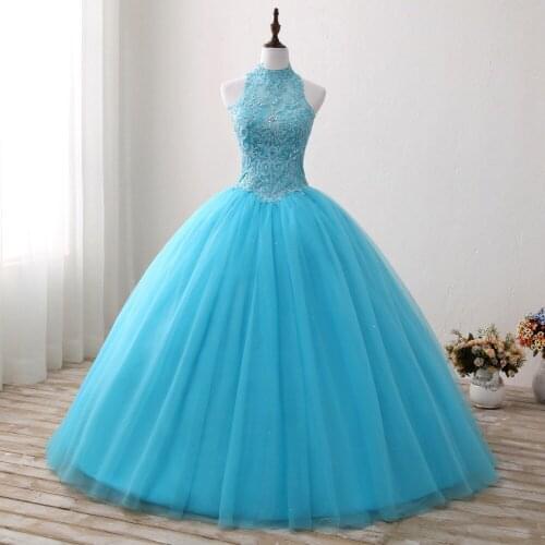 Mingli Tengda Handmade Beading Quinceanera Dresses Luxurious Ball Gown Blue Appliques Halter Princess Sweet 16 Dress Ballkleid