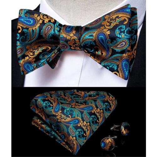 Fashion Mens Bowtie Gold Blue Paisley Designer Ajustable Butterfly Gift Bowtie For Men Silk Wedding Groom Party DiBanGu LH-087