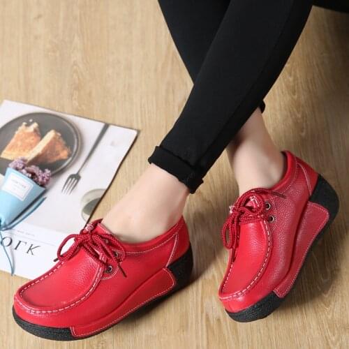 2020 Winter Women Flat Platform Shoes Genuine Leather Wedges Lace Up Heel Moccasins Ladies Female Casual Footwear