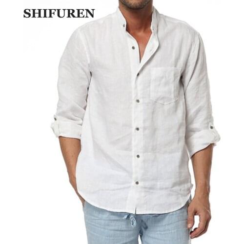 SHIFUREN New Autumn Thin Breathable Linen Shirts Men Three Quarter Sleeve Mandarin Collar Causal Male Social Dress Shirts