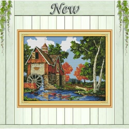 Log cabin house rural Water wheel Scenery,counted printed on canvas DMC 14CT 11CT Diy Cross Stitch Embroidery kit Needlework Set