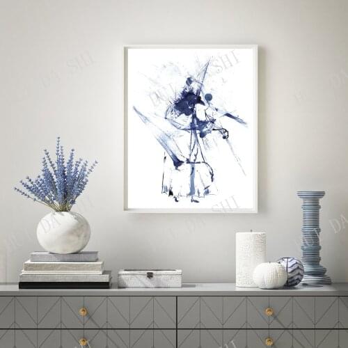 Indigo Wall art violinist silhouette, Minimalist print, Ink painting unique art decor, Splash Blot artwork, Abstract blue people