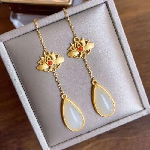 Natural Hetian white jade water drop shape unique ancient gold craft Earrings Chinese style retro minority womens brand jewelry