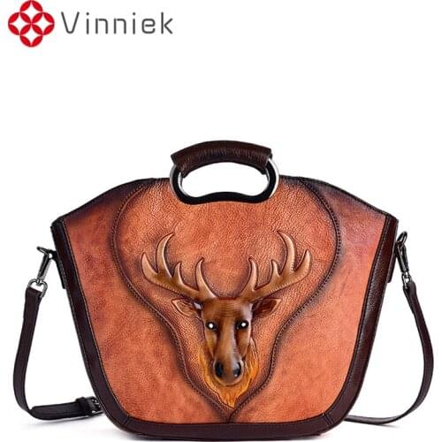 New Real Leather Retro Women Bag Embossed Animal Print Shoulder Bags Versatile Hand Painted Elk Ladies Handbags Cross Body Bag