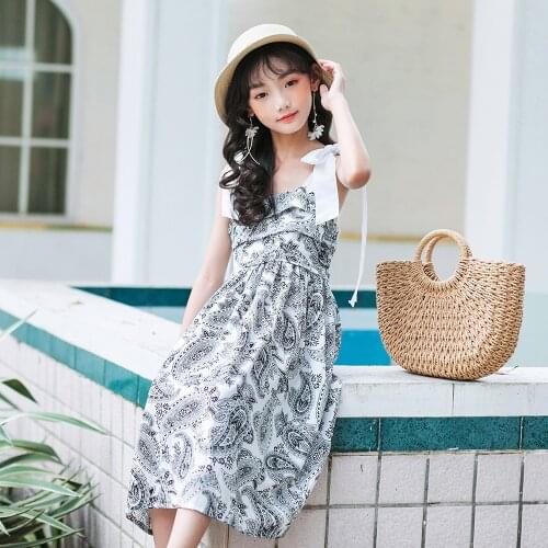 New Summer Dress Small Fresh Bow Pure Cotton Suspender Princess Dress Girl Floral Dress Kids Clothes