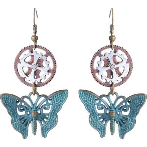New Arrival Brass Green Butterfly and Mixed Gears Women`s Steampunk Fashion Drop Earring