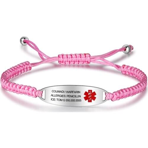 Personalized Medical Bracelet Fashion Stainless Steel Birthday Jewelry for Women Engrave Name Adustable Pink Color Bangles Gifts
