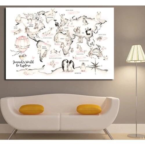 Cartoon Cute Animals Distributed World Map Wall Posters for Kids BedRoom Decoration Nursery Children Prints Art Canvas Painting